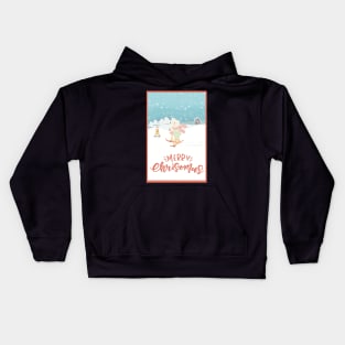 Skiing teddybear in the snow. Happy Santa sitting on the Christmas gifts.Merry Christmas. Kids Hoodie